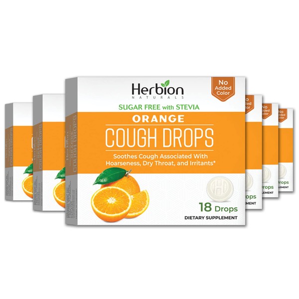 Herbion Naturals Cough Drops with Orange Flavor, Sugar-Free with Stevia, Soothes Cough, For Adults, Children 6 years and above, 6 pack (108 Lozenges)
