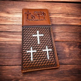 Western Stakes Leather Long Wallet Cow Hair Tri Cross Cowboy Praying At Cross Tooled Bi Fold Embossed Leather Rodeo Wallet Cowboy Style Hand Crafted High End Mens Wallets Leather (Brown)
