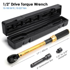 YIYEIE 1/2-Inch Drive Torque Wrench, 10-160 FT.LB (10-227 Nm), 72-Tooth Professional Click Torque Wrench Set with 3/8 Adapter & Extension Bar, Lug Nut Torque Wrench for Car Tire & Wheel