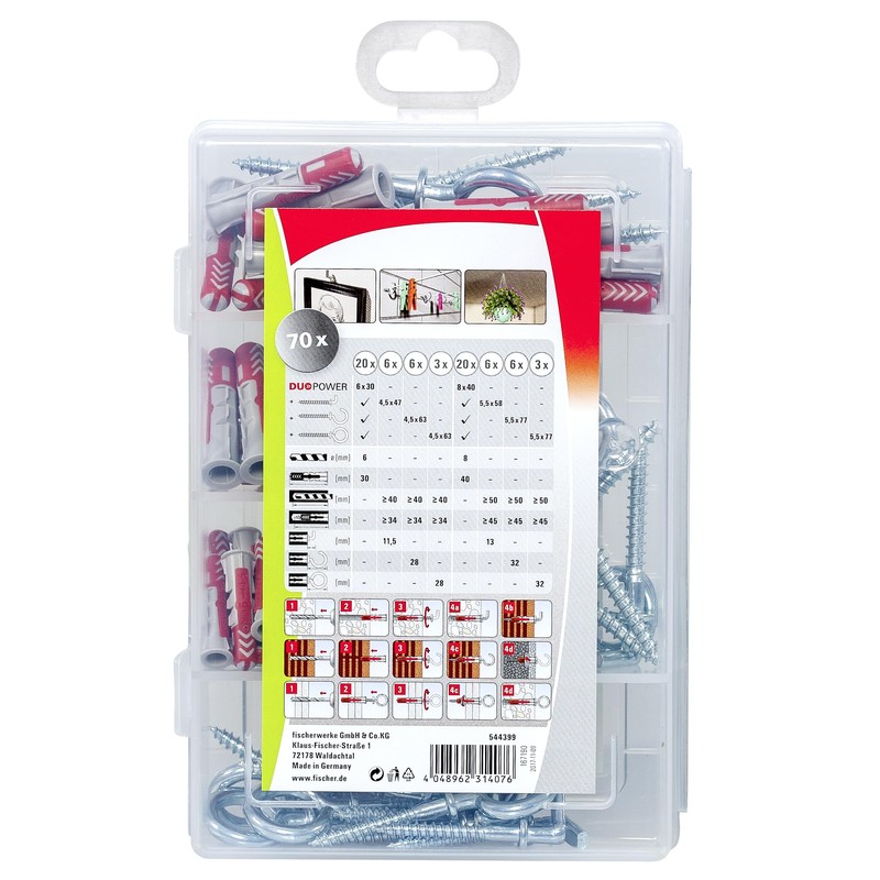 fischer Professional DuoPower Box with Hooks, Dowel Box with 70