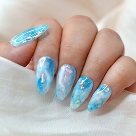 10 Pcs Handmade Press on Nails (Medium, Blue And White Liquid Opal Geode/Almond) A041M