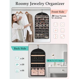 MATEIN Hanging Jewelry Organizer with Detachable Travel Jewelry Pouch, Tangle Free Necklace Hanger Wall Mount with Metal Hook, Large Earring Storage Holder for Bracelet Ring Display, Gifts for Her