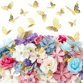 Wavyknot 342 Pcs Flower and Butterfly DIY Set Small Silk Fake Rose Daisy Head Gold Butterfly for Graduation Cap Decor 3D Artificial Flowers Embellishments Bulk for Wedding Bouquet