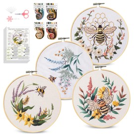 Santune 4 Pack Embroidery Kit for Beginners,Needlepoint Cross Stitch Kits for Adults,Needle Point Sets with Bee Flower Pattern Stitch Video Tutorial