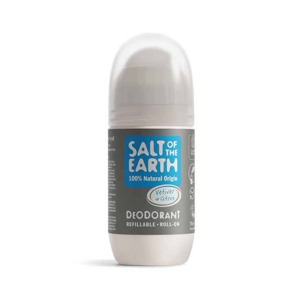 Salt of the Earth Refillable Natural Deodorant Roll On Vetiver & Citrus - Effective Protection, 100% Natural ingredients, Eco friendly, Vegan, Cruelty Free. Suitable for Men, Women & Kids - 75ml