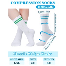 Chuarry 6 Pairs Compression Striped Crew Socks for Women 15-20 Mmhg Lightweight Cotton Compression Socks with Colorful Stripes Mid Calf White Athletic Socks for Sports Running Cycling