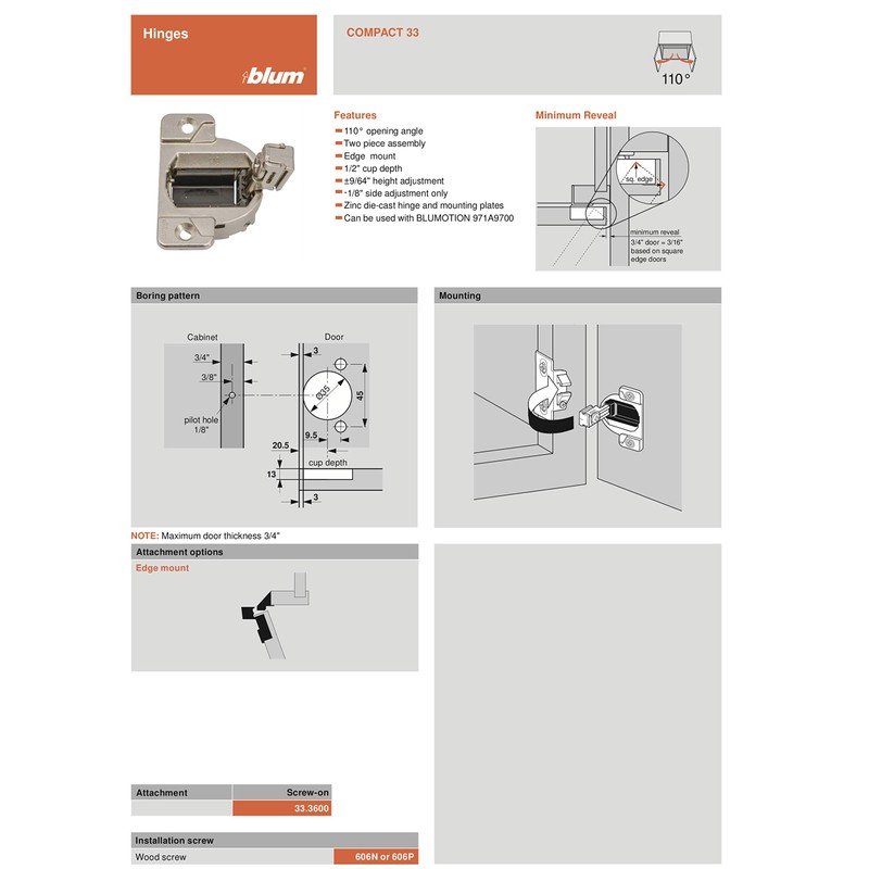 Blum 33.3600 110 Degree Compact 33 Hinge Cup with 1