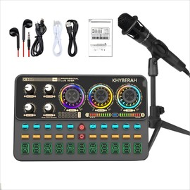 Khyberah Podcast Equipment Bundle, Audio Interface with Mic and Stand, Voice Changes, Echo Singing Modes, Effects Modes, Denosing, Easy Used Podcast Equipment Bundle for KTV, Streaming, Game