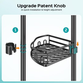 HAMITOR Corner Shower Caddy Tension Pole: Rustproof Stable 4-Tier Bathroom Organizer Shelves for Bathtub Shampoo Storage - 47-121 Inch Quick Install Adjustable Standing Rack with Soap Rack - Black