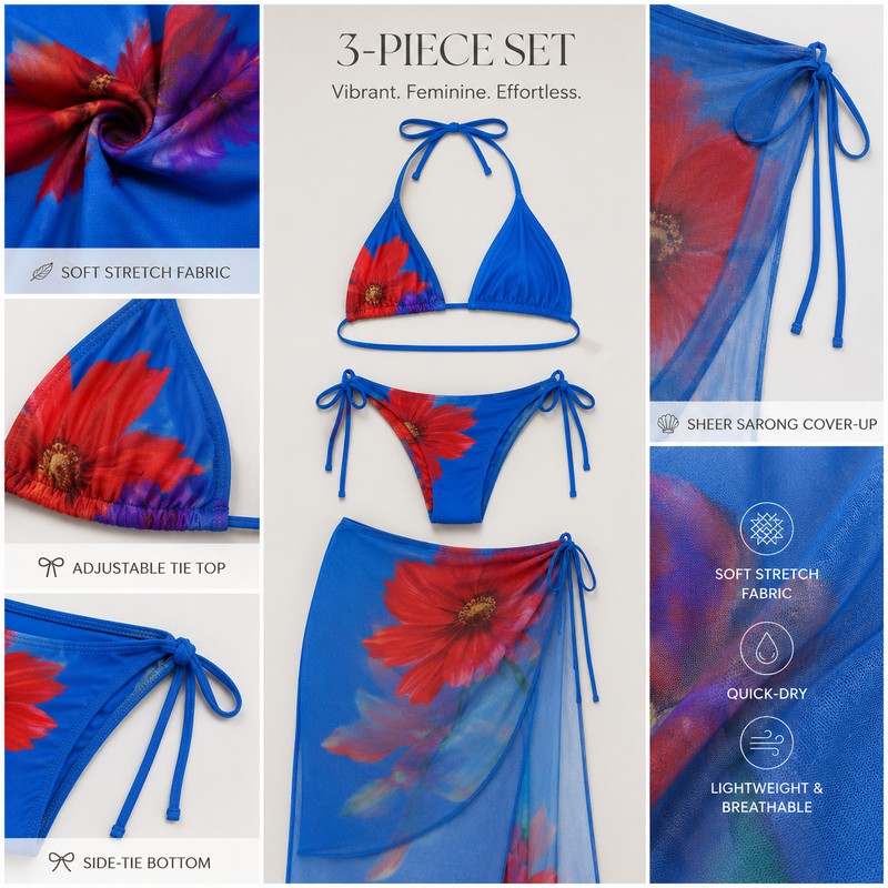 Blue Floral 3-Piece Bikini Set for Women – Stretch Swimwear