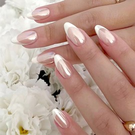 30 Pcs Chrome Press on Nails Almond Short Fake Nails with White French Tip Designs Glossy False Nails Press ons Light Pink Glue Stick on Nails for Women Girls
