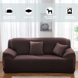 Teynewer 1-Piece Fit Stretch Sofa Cover, Sofa Slipcover Elastic Fabric Minimalism Style Chair Loveseat Couch Settee Sofa Covers Universal Fitted Furniture Cover Protector (2 Seater, Brown)