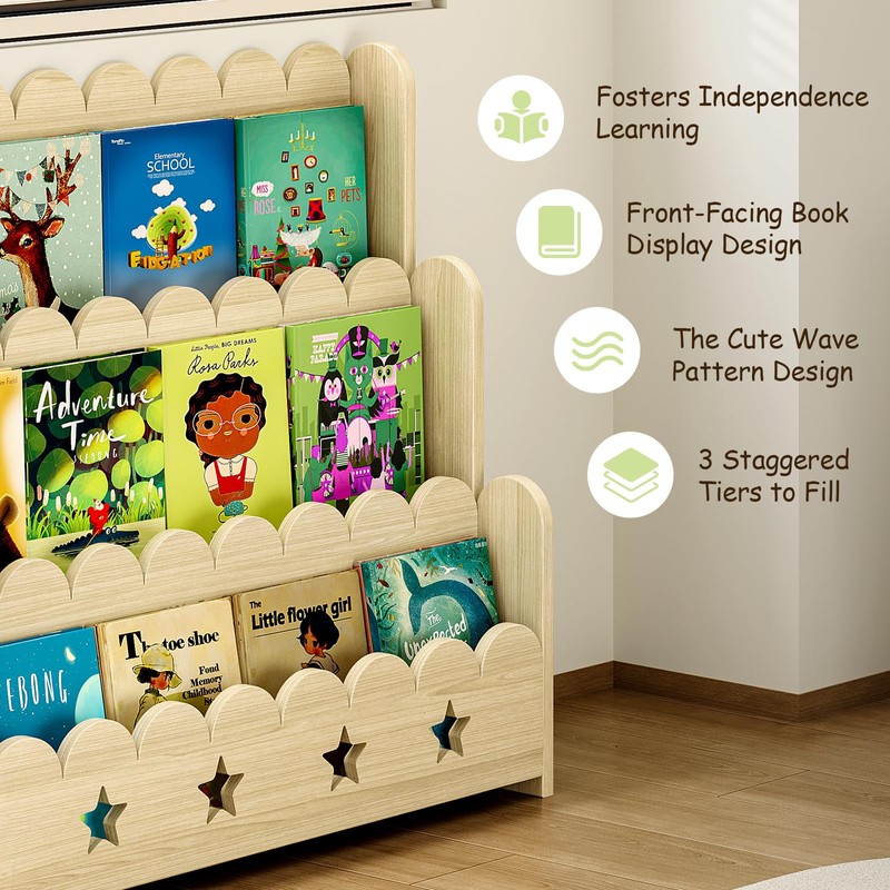 EXPERLAM Scalloped Bookshelf for Kids, 3-Tier Front Facing Book Display