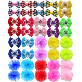 YOY 40pcs / 20 Pairs Adorable Grosgrain Ribbon Pet Dog Hair Bows with Rubber Bands - Puppy Topknot Cat Kitty Doggy Grooming Hair Accessories Bow Knots Headdress Flowers Set for Groomer