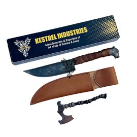 Custom Handmade Viking Carbon Steel Wolf Head Knife with Pure Cowhide Leather Sheath, Viking Carbon Steel Knife with Wolf Head Hilt, Viking Axe Bottle Opener, Axe Beer Bottle Opener Included (KIW-103)