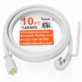 Cable de extensión de enchufe plano de calibre 14 de 10 pies, color blanco para interiores y exteriores, cable de extensión de perfil bajo de 3 clavijas, flexible, 15 A, 1875 W, 125 V, 14 AWG, SJTW, certificación ETL HUANCHAIN
