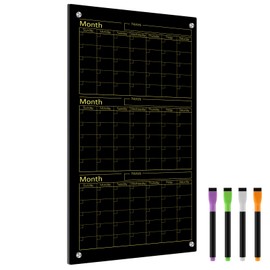 Kritkin Black Glass Whiteboard Calendar 36" X 18" 3 Month Dry Erase White Board Planner Glass Large Wall Mounted Calendar with Marker Tray for Wall Home Office