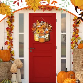 Geetery Hello Fall Door Signs Vintage Fall Front Door Decoration Autumn Thanksgiving Gnome Sunflower Pumpkin Wooden Hanging Signs for Fall Home Front Door Porch Decoration