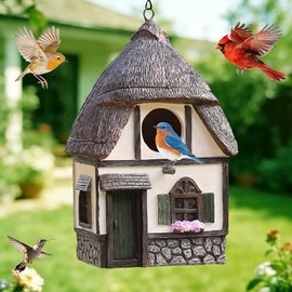 Casitas para pájaros para exteriores, casitas para pájaros con techo de paja – Casitas de resina pintadas a mano para exteriores para pájaros azules, pinzones, cardenales y aves que anidan