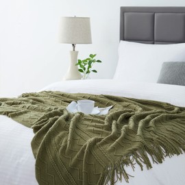 BOURINA Textured Solid Soft Sofa Throw Couch Cover Knitted Decorative Blanket,Olive, 127x152cm