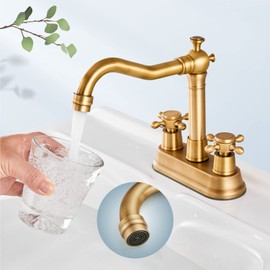 Aolemi 4 Inch Centerset Bathroom Sink Faucet Vintage 2 Cross Handles RV Mixer Tap Basin Vanity Lavatory Utility for Sink 3 Hole Include Water Hose Pop Up Drain with Metal Cover Antique Brass