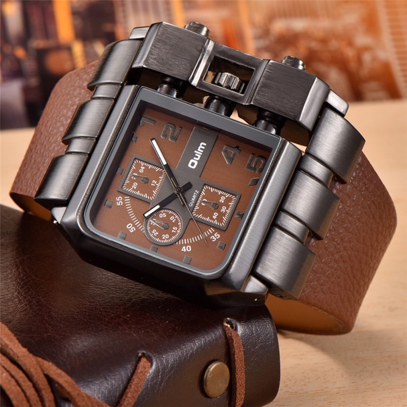 OULM Luxury Quartz Watch Men Square Dial Leather Band Watches