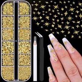 660Pcs 3D Star Nail Charms, Gold Multi-Shapes Metallic Nail Art Gems,Bedazzling Small Nail Beads Craft Jewels Y2K Cross Nail Rhinestones Accessories Manicure Decor with Tweezers and Pick-up Pencil