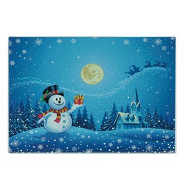 Ambesonne Christmas Cutting Board, Snowman Gets the Gift from Santa Claus in Winter Night Moonlight Illustration, Decorative Tempered Glass Cutting and Serving Board, Small Size, Yellow Blue