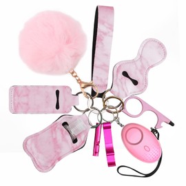 AMIR Safety Keychain Set for Women and Kids, 10 Pcs Safety Keychain Accessories, Self Defense Keychain Set for Girls with Safe Sound Personal Alarm, No Touch Door Opener, Whistle and Pom, Pink
