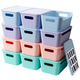 Tiawudi 12 Pack 4.5L Storage Bins with Lids, Plastic Storage Baskets for Home Classroom Organization, Multi-Use Organizer Bins for Cabinet, Pantry, Drawer, Countertop or Shelves, Colorful Containers
