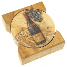 CounterArt Counter Art Vineyards Wine Bottle Round Stone Coasters Set 4 Wooden Holder USA