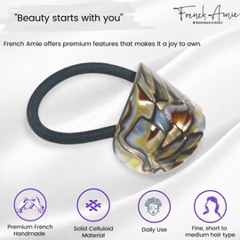 French Amie Curve Oval Silver Onyx Grey Celluloid Handmade Ponytail Elastic Hair Tie for Women and Girls