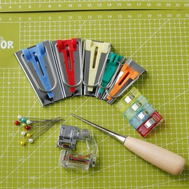 YICBOR Bias Tape Maker 6mm 9mm 12mm 18mm 25mm Fabric Bias Binding Maker with Binder Foot Bradawl Quilting Clips Sewing Pins Kit (Bias Tape Maker(Box))