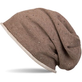 styleBREAKER classic beanie hat with rhinestone studs application, and rolled edge, warm, unisex 04024024, color:brown