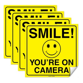 (Set of 4) Smile You're On Camera Sign - 6" x 6" - 4 Mil Vinyl - LAMINATED For Ultimate Protection & Durability - Self Adhesive Decal - UV Protected & Weatherproof - Heavy Duty