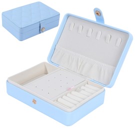 Tian Ye Zhou Portable Jewelry Box, 2 Layer Small Travel Jewelry Box for Women and Girls, Mini Leather Jewelry Organizer for Necklaces, Bracelet, Earrings and Rings Gift for Her (blue)
