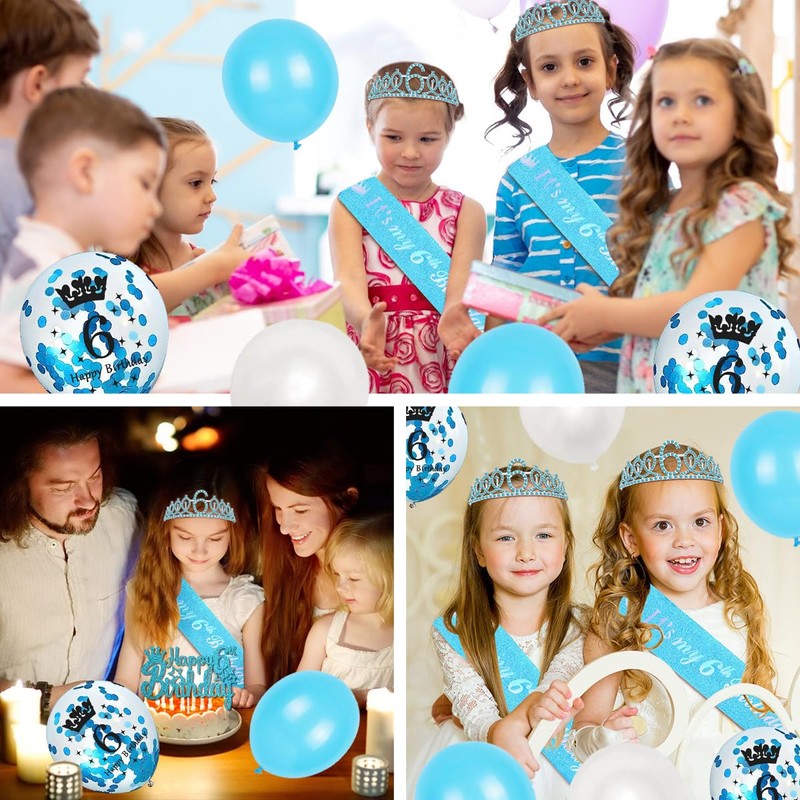6th Birthday Decorations - Sash, Tiara, Crown & Balloons for