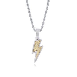 JINAO Hip Hop Lightning Bolt Design Pendant 18k Gold Plated Iced Out Cubic Zirconia Pendant Necklace with Micropave Simulated Diamond for Men Women (Two Colors)