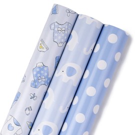 MAYPLUSS Blue Elephant Baby Shower Wrapping Paper - 17" X 120" Per Roll(3 Rolls) - Elegant Welcome Boy Elephant Theme Birthday Gift Wrap Sheet for Baby Shower, Celebration, Party, Newborn
