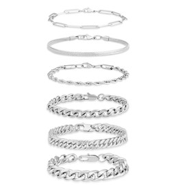 MAIBAOTA 6PCS Mens Bracelets Silver Stainless Steel Cuban Chain Bracelet Jewellery Gifts for Men 8.3"