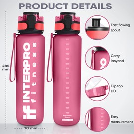 Interpro Fitness Water Bottle with Measurement Scale - 1L BPA-Free Tritan Plastic, Leakproof Gym Bottle with Flip Top Lid & Fruit Infuser Strainer - Ideal for Gym, Yoga, Running & Outdoor Adventures