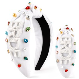 SuPoo White Bride Headband Wedding Jeweled Knotted Headband Rhinestones Embellished Hairbands Beads Pearl Wide Top Knot Bridal Headpiece Hair Accessory Tiara for Bachelorette Party Bridal Shower