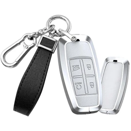 TECART Smart Remote Car Key Case Key Fob Holder Keyring Aluminum Alloy fit for Hyundai Genesis G80 GV70 GV80 2019 2020 2021 2022 4 Buttons Key Shell Leather Protection Keychain Accessories A White