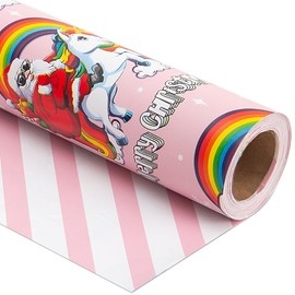 Vnaaem Reversible Christmas Wrapping Paper - Mini Roll - 17 Inches X 33 Feet - for Girls Boys Kids Men Women - Pink Santa Claus and Unicorn Pink and White Stripe Pattern Great for Holiday Birthday, Party, Baby Shower