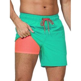 Arcweg Men's Swim Trunks Mens Swimming Shorts with Compression Liner Quick Dry Stretchy 2 in 1 Board Shorts with Zipper Pockets Lake Green L（UK
