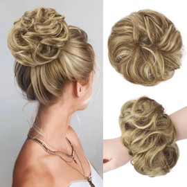 FESHFEN Messy Bun Hair Piece - Large Wavy Curly Elastic Hair Bun Scrunchies Ponytail Extensions Synthetic Chignon Hairpieces for Women, Sand 1.94oz