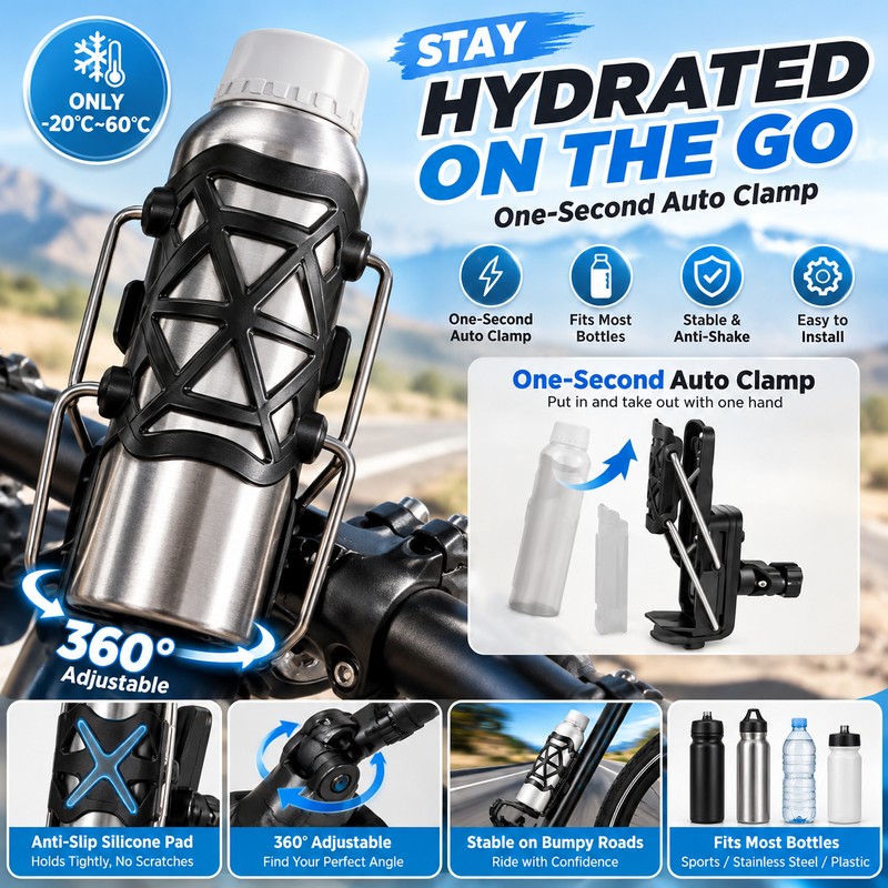 Motorcycle & Bike Cup Holder for Handlebar – Automatic Clamping