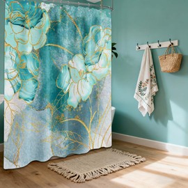 Bxpaitx Turquoise Shower Curtain Aqua Teal and Gold Abstract Floral Shower Curtains for Bathroom Decor Set, Waterproof Fabric with Hooks 70 x 72 Inch