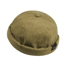 CLAPE Cotton Docker Cap Men's Adjustable Sailor Hat Cap Without Visor Retro Brimless Hat Rolled Cuff Fisherman Hat Short, CT84-Khaki