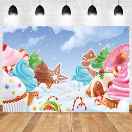 Renaiss 5x3ft Winter Candyland Backdrop Cartoon Sweet Dessert Ice Cream Cupcakes Donut Lollipop Snow Photography Background Kids Baby Shower Candy Theme Birthday Party Decor Photo Studio Props
